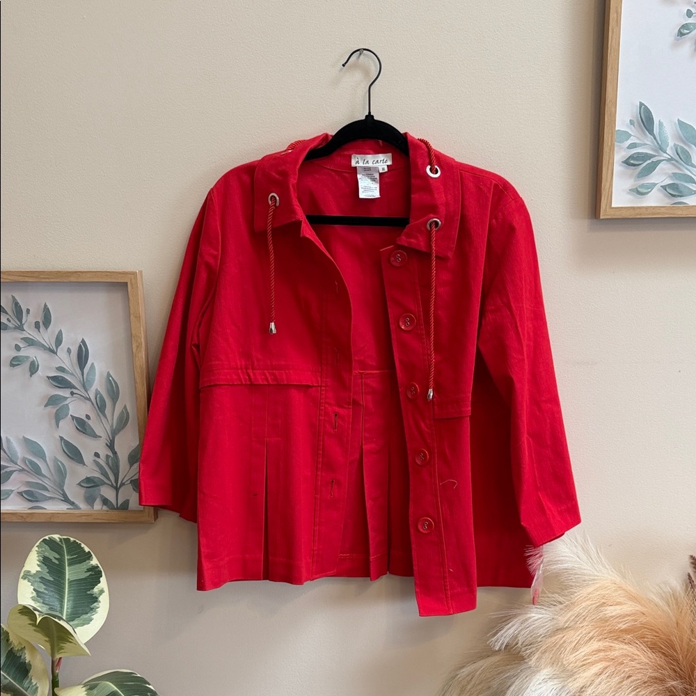Women's Bright Red Hooded Button Utility Jacket